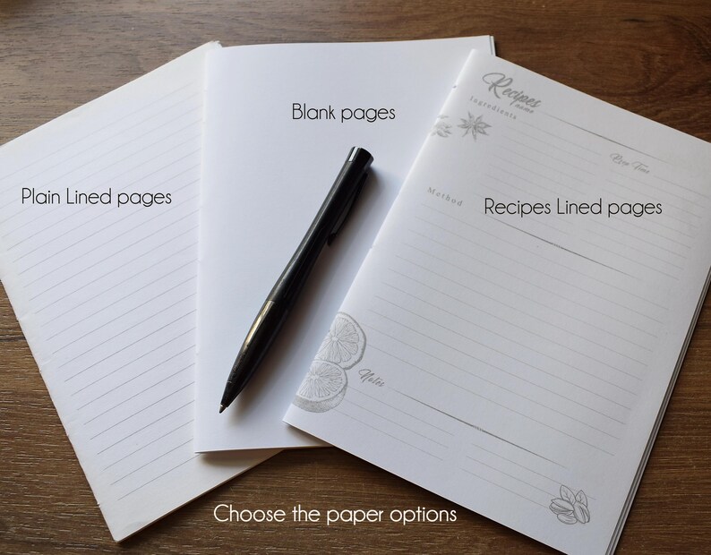 May include: Three white paper booklets with different interior layouts: one with plain lined pages, one with blank pages, and one with a printed recipe template featuring sections for ingredients, method, and notes. A black ballpoint pen rests on top.
