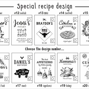 May include: A collection of black and white recipe design options, including wine, cocktails, BBQ, seafood, herbal, fast food, meat, appetizers, baking, and custom designs. Each design features unique illustrations and text.