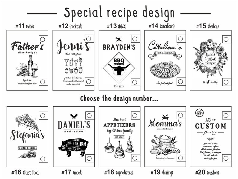 May include: A collection of black and white recipe design options, including wine, cocktails, BBQ, seafood, herbal, fast food, meat, appetizers, baking, and custom designs. Each design features unique illustrations and text.
