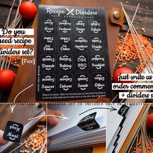 May include: Black recipe dividers with white text, including categories like "Meat," "Seafood," and "Desserts." The image shows the dividers being used in a cookbook. The text on the image says "Do you need recipe dividers set? [Free]"