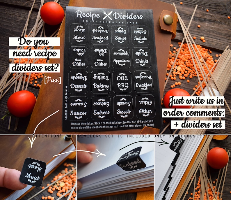 May include: Black recipe dividers with white text, including categories like "Meat," "Seafood," and "Desserts." The image shows the dividers being used in a cookbook. The text on the image says "Do you need recipe dividers set? [Free]"
