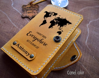 Leather Passport Wallet/Free Personalized Passport Case/World Map Passport cover/Compass Passport cover/Travel Gift