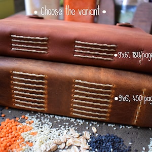 May include: Two brown leather journals stacked on top of each other. The journals are hand-stitched with white thread. The text on the image reads "Choose the variant", "9x6', 180 pages", and "9'x6', 450 pages".