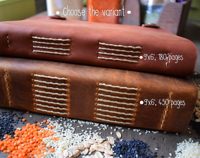 May include: Two brown leather journals stacked on top of each other. The journals are hand-stitched with white thread. The text on the image reads "Choose the variant", "9x6', 180 pages", and "9'x6', 450 pages".