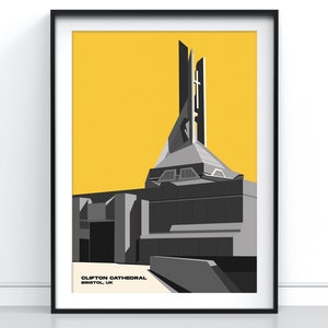 Brutalist Bristol Clifton Cathedral Poster, Mid Century Modern Architecture Print