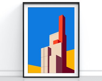 May include: Abstract geometric art print featuring a tall, red building with a beige facade against a blue sky and yellow ground.