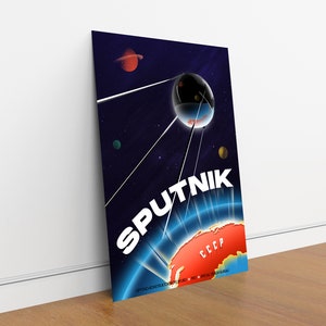 May include: A retro-style poster with a blue, black, and white color scheme. The poster features a satellite orbiting Earth, with the text "SPUTNIK" in large, white letters. The poster also includes the text "CCCP" and "СССР" in red letters.