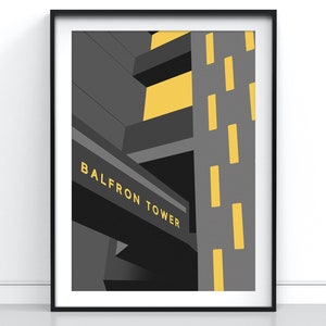 May include: A black and white illustration of a building with the text "BALFRON TOWER" on the side. The building has yellow windows and a yellow overhang.