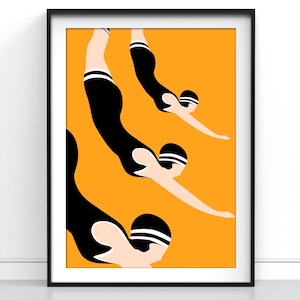 May include: Three black and white silhouettes of swimmers diving into a bright orange pool. The swimmers are in mid-air, with their arms outstretched and their legs pointed downwards.