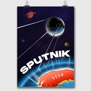 May include: A retro-style poster with a white Sputnik satellite orbiting a red and blue Earth. The poster has the text "SPUTNIK" in white letters and "CCCP" in red letters. The poster also includes the text "ОРБИТАЛЬНАЯ КОНСТРУКТОРСКАЯ БЮРО * 1957 * SPECIAL DESIGN BUREAU".