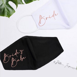BRIDAL PARTY MASKS •  Bride&#39;s Babes • Squad • Tribe • Bachelorette • Personalized • Custom Face Mask • organic cotton & polyester #00215