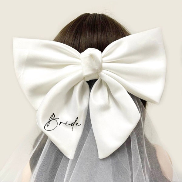 Personalized White Bride Bow, Veil, XXL Bow, Tulle Veil, Bachelorette Gift, Wifey to Be, Bridal Shower Gift, Bridesmaid Favors, Hair Clip