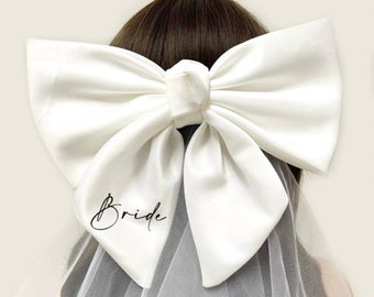 Personalized White Bride Bow, Veil, XXL Bow, Tulle Veil, Bachelorette Gift, Wifey to Be, Bridal Shower Gift, Bridesmaid Favors, Hair Clip