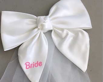 Personalized Pink Doll Theme White Bride Bow, Veil, XXL Bow, Removable Veil, Bachelorette, Bridal Shower Gift, Bridesmaid Favors, Hair Clip