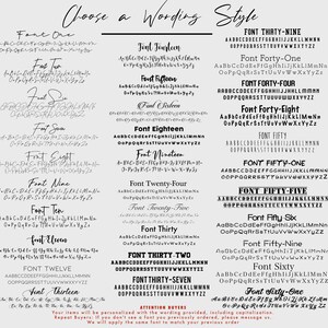 May include: A chart showing different font styles for use in personalized items. The chart includes a sample of each font style in both uppercase and lowercase letters. The text at the bottom of the chart reads "Your items will be personalized with the wording provided, including capitalization. Repeat Buyers: If you don't see a font you previously ordered, please message us. We will apply the same font to match your previous order."