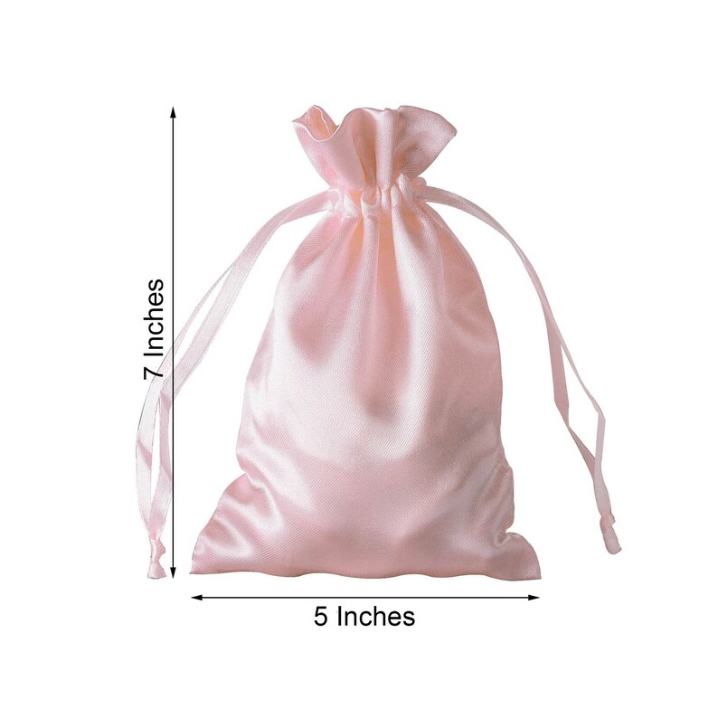 May include: A light pink satin drawstring bag with a 7 inch height and 5 inch width.