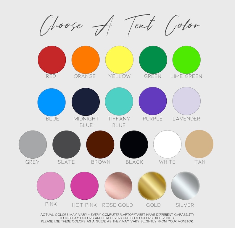Op de afbeelding: Een kaart met 18 verschillende kleurstalen, elk met een label eronder. De kleuren omvatten rood, oranje, geel, groen, limoengroen, blauw, middernachtblauw, tiffanyblauw, paars, lavendel, grijs, leisteen, bruin, zwart, wit, bruin, roze, roze, roosgoud, goud en zilver. De tekst bovenaan de kaart luidt "Kies een tekstkleur".