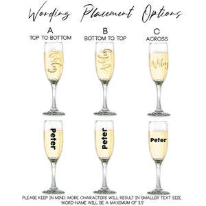 May include: A graphic showing three different ways to personalize champagne flutes with names. The first option shows the name "Ashley" written vertically from top to bottom in gold lettering. The second option shows the name "Ashley" written vertically from bottom to top in gold lettering. The third option shows the name "Ashley" written horizontally across the flute in gold lettering. The bottom row shows the name "Peter" written vertically from top to bottom in black lettering.