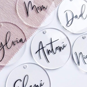 2.5” Clear Acrylic Personalized Gift Tags • Clear • Perfect Bachelorette Bridal Party Name Tags - Wedding •  Christmas • Keychain Option