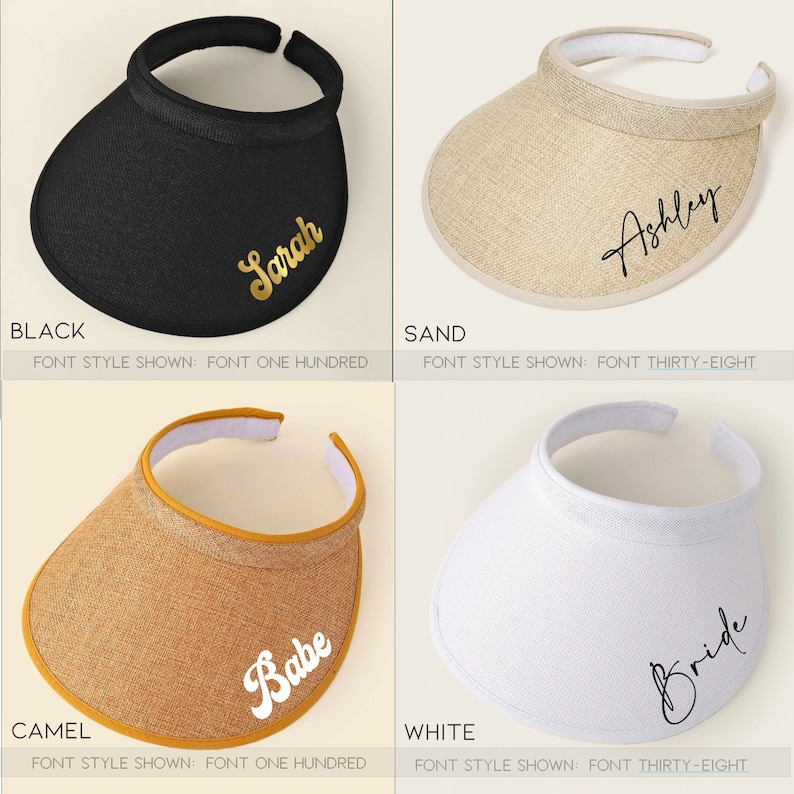Op de afbeelding: Vier zonnekleppen in verschillende kleuren: zwart, zand, camel en wit. De kleppen hebben verschillende namen geborduurd: "Sarah", "Ashley", "Babe" en "Bride".