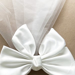 May include: A white satin bow with a tulle veil attached. The bow is tied in a knot and the tulle is draped over the bow.