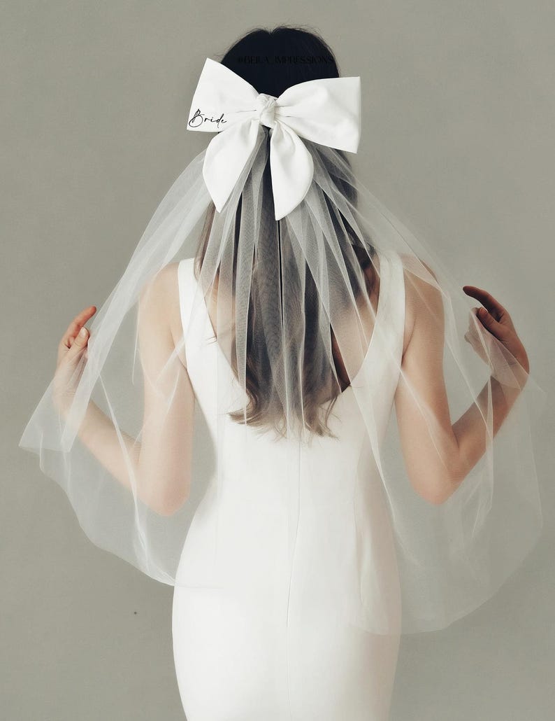 Personalized White Bride Bow, Veil, XXL Bow, Tulle Veil, Bachelorette Gift, Wifey to Be, Bridal Shower Gift, Bridesmaid Favors, Hair Clip image 1
