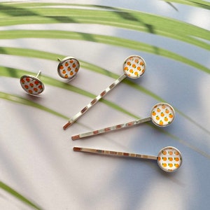 Orange Bobby Pins and Stud Earrings Set - Orange Earrings - Orange Hair Clips - Cabochon Bobby Pins - Cabochon Earrings - Citrus Earrings