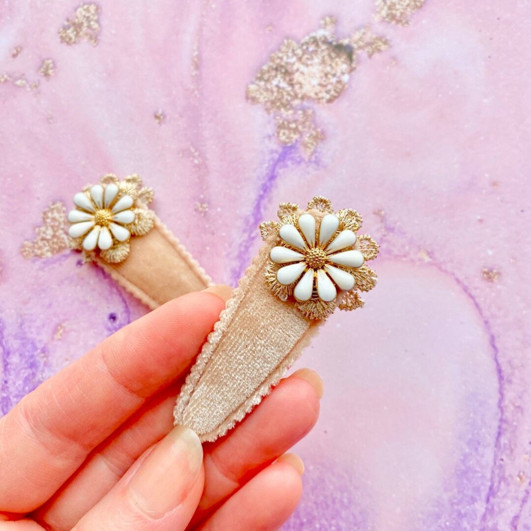 Velvet Gold and Beige Flower Snap Hair Clip Set of Two Snap Hair Clips 5 Cm Floral Barrette Etsy