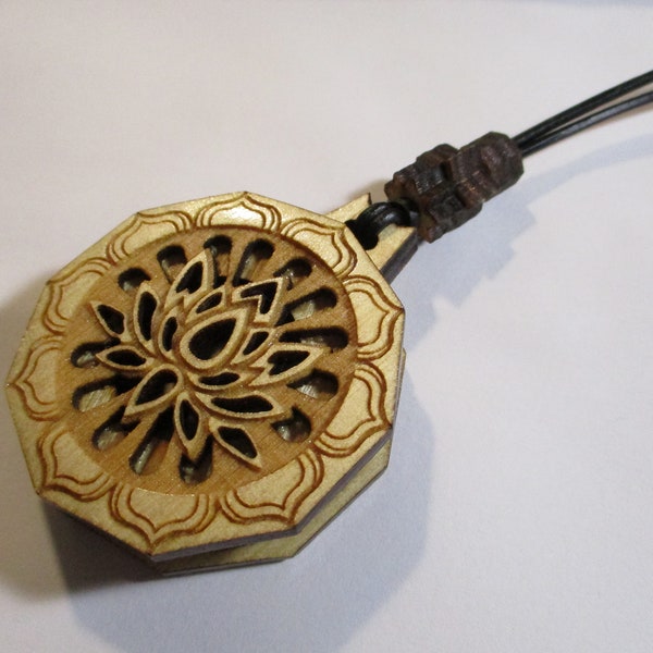 Sacred Lotus Flower Aromatherapy / Essential Oil Diffuser Necklace (wooden Laser cut and engraved)