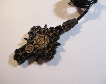 Rosy Cross with Star of Babalon and Unicursal Hexagram Pendant Necklace / Black Gloss Finish