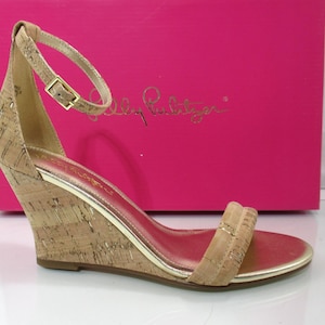 Lilly Pulitizer Jenna Wedge Heel Ankle Strap Sandals Natural Cork Size 8.5