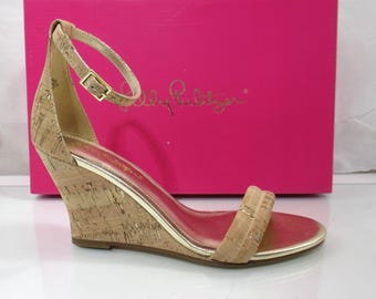 Lilly Pulitizer Jenna Wedge Heel Ankle Strap Sandals Natural Cork Size 8.5