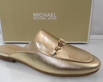 Michael Kors Tiffanie Flat Mule Slip On Empire Signature Logo Pale Gold Size 7.5