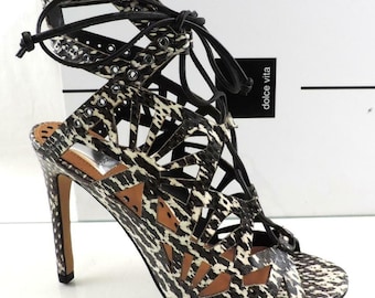 Dolce Vita Helena Lace Up Cutout Heel Sandal Black /White Snake Leather Size 7.5