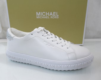 Michael Kors Grove Sneakers: MK Logo Leather Lace-Up - Optic White Size 7
