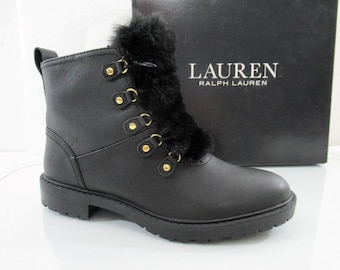 Lauren Ralph Lauren Elliot Waterproof Lace Up Boots Fur Leather Black Size 7