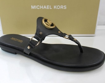 Michael Kors Conway Thong Sandal T-Strap Flip Flop MK Logo Black Size 7