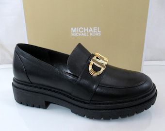 Women's Shoes Michael Kors Parker Lug Loafer MK Chain Leather Black Size 8