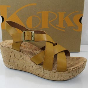 Korks Nova Comfort Platform Cork Wedge Strappy Sandals Yellow Size 8