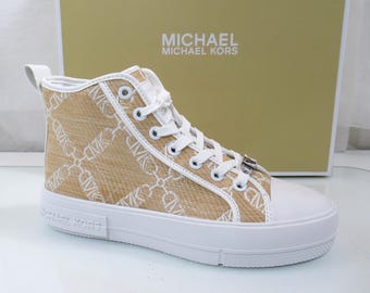 Michael Kors Evy High Top Lace Up Sneaker Empire Signature Logo Natural Size 7.5