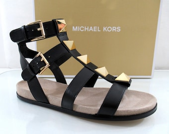 Michael Kors Wren Gladiator Studded Flat Sandals Black Leather Size 6.5