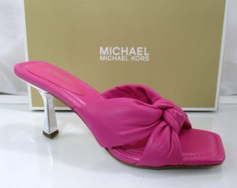 Michael Kors Elena Heeled Slide Sandal Knotted Strap Leather Cerise Pink Size 8.5