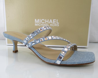 Michael Kors Celia Kitten Heel Slide Embellished Dress Sandals Blue Size 8