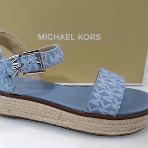 Michael Kors Richie Espadrille Platform Wedge Sandals MK Logo Blue Size 7.5