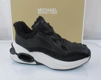 Michael Kors Size 7 Toni Trainer Lace Up Sneakers Distressed Bomba Leather Black
