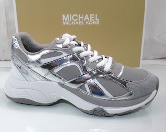 Michael Kors Leo Trainer Lace Up Sneakers MK Signature Silver