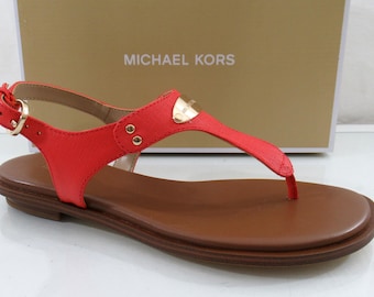 Michael Kors MK Plate Thong Flat T-Strap Sandals Leather Dahlia Pink