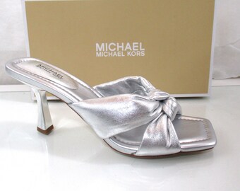 Michael Kors Elena Heeled Slide Sandal Knotted Strap Leather Silver Size 9