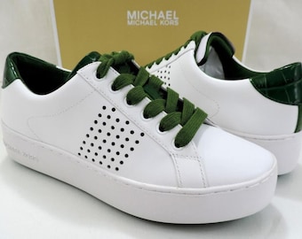 Michael Kors Poppy Lace Up Platform Sneaker Leather Optic White / Green