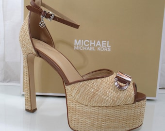 Michael Kors Martina Peep Toe Platform Pump Sandal Natural / Luggage Size 8.5